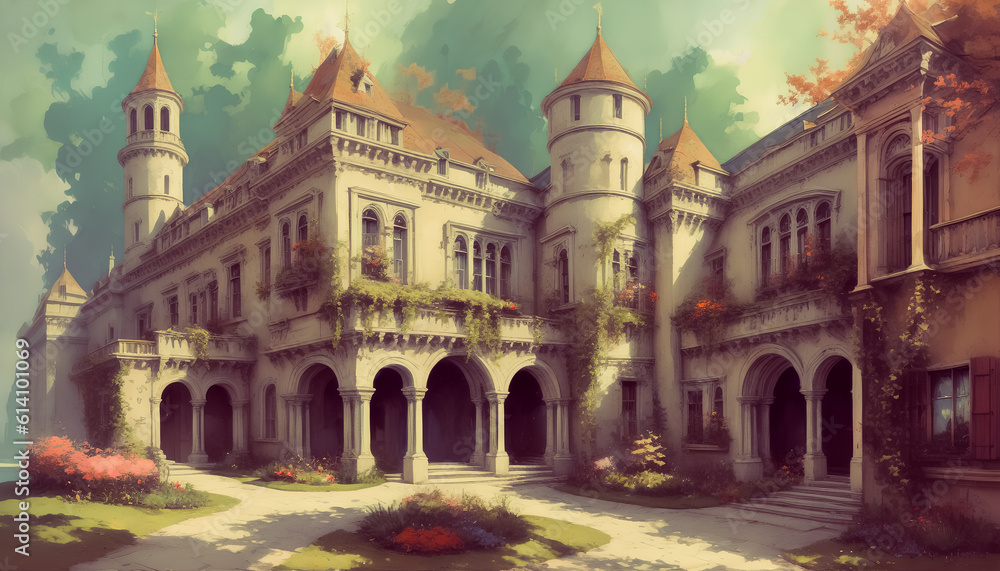 The enchanting palace enveloped by climbing plants. Watercolor style. Generative AI.