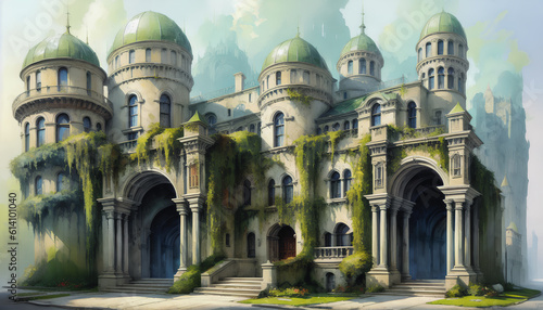 The enchanting palace enveloped by climbing plants. Watercolor style. Generative AI.