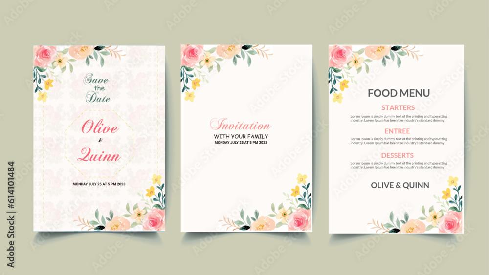 Luxury wedding invitation card background with flower and botanical leaves, Organic shapes, and Watercolor. 