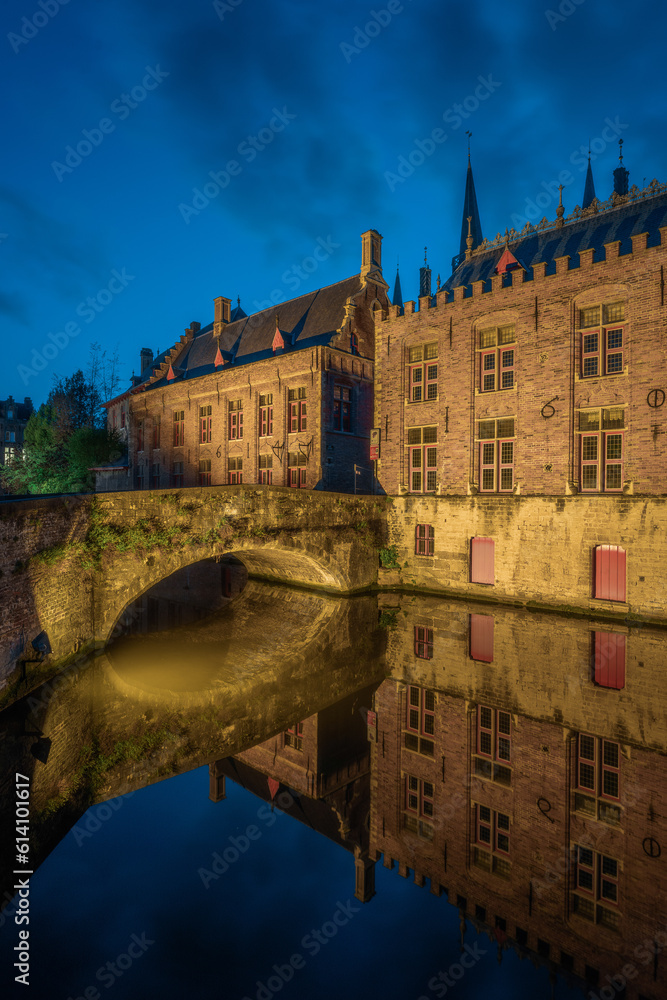 Historic buildings and canal landscapes in Bruges, Belgium