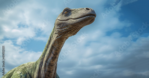 Dinosaur long necked sauropod diermibot breed name Brachiosaurus. A dinosaur eating plants in the Jurassic era in blue sky