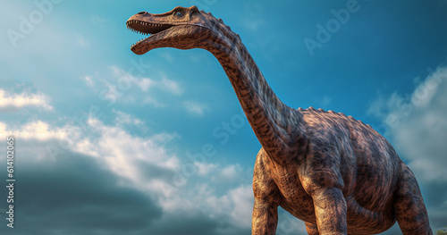 Dinosaur long necked sauropod diermibot breed name Brachiosaurus. A dinosaur eating plants in the Jurassic era in blue sky photo