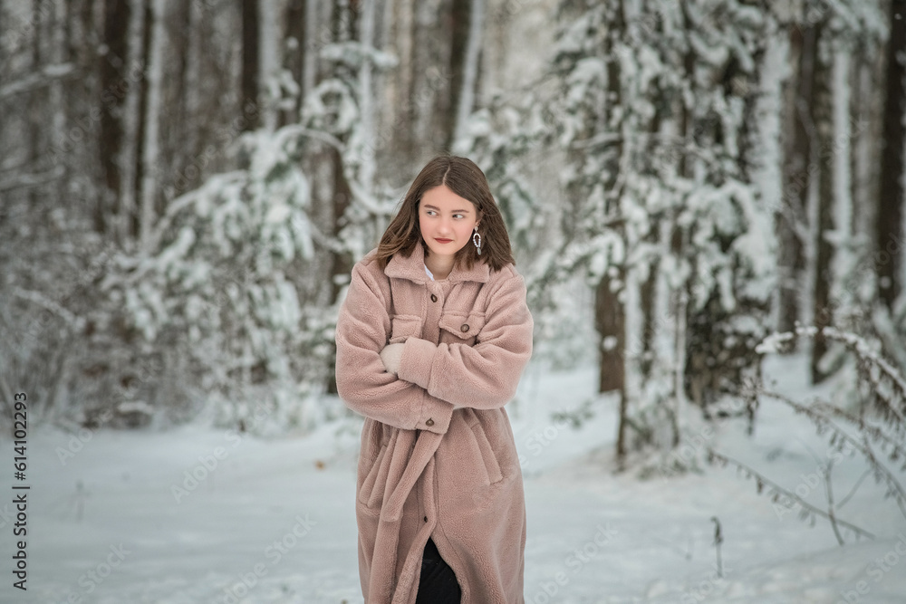 Portrait of a young beautiful girl in the snow in winter outdoors. Portrait of a young beautiful girl in the snow in winter outdoors.