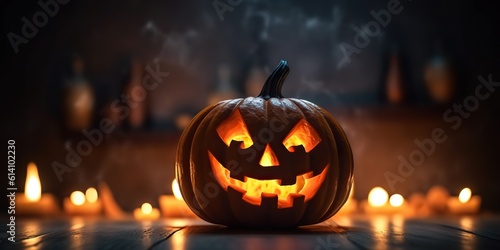 AI Generated. AI Generative. Halloween spooky boo scary horror night pumpkin with candle lantern. Decoration magic holiday. Graphic Art © AkimD