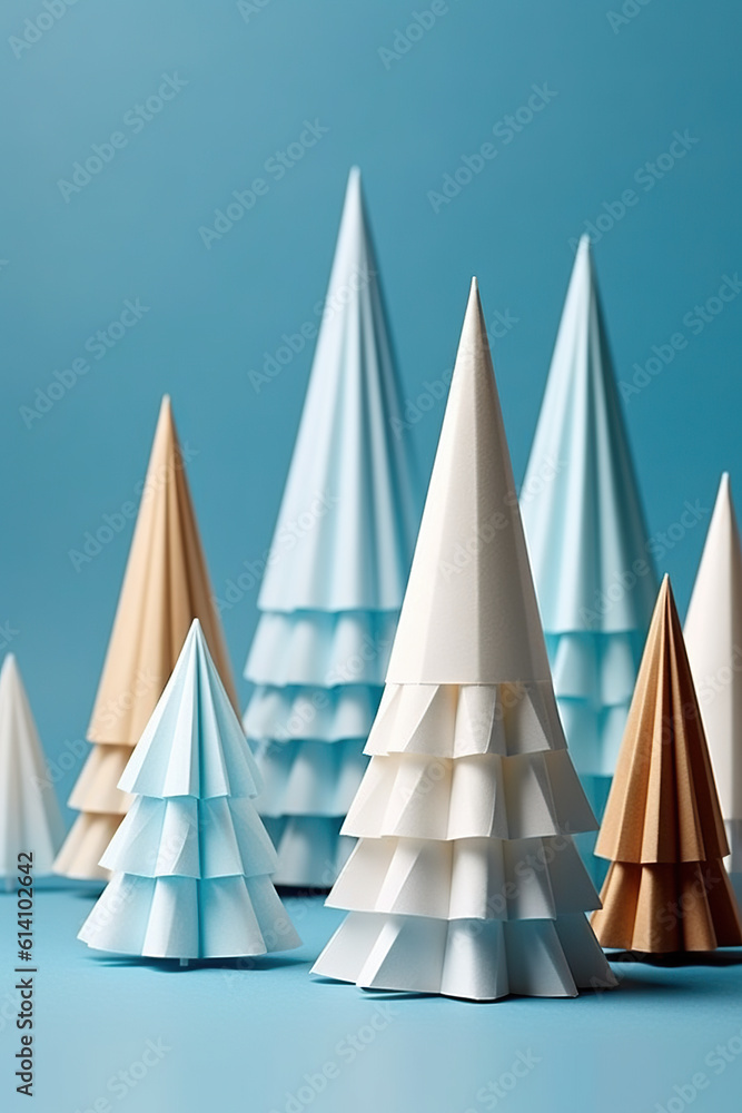 A group of paper trees on a blue surface. Generative AI. Xmas background with Christmas festive decor. A group of paper trees on a blue surface. Generative AI. Xmas background with Christmas festive decor.