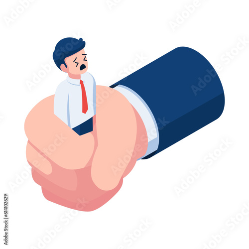 Isometric Businessman Being Squeezed by Giant Hand