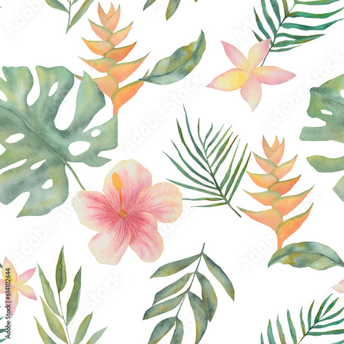 seamless pattern with monstera leaves. Watercolor pattern with tropical flowers. Green seamless background. Watercolor twigs. watercolor floral illustration on a white background.