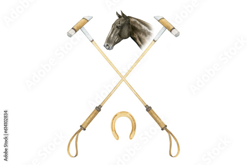 Minimalistic watercolor illustrations of horse portrait, golden horseshoes and horse polo sticks , isolated. Illustration on the theme of horse polo and equestrianism. Emblem, logo for horse club photo