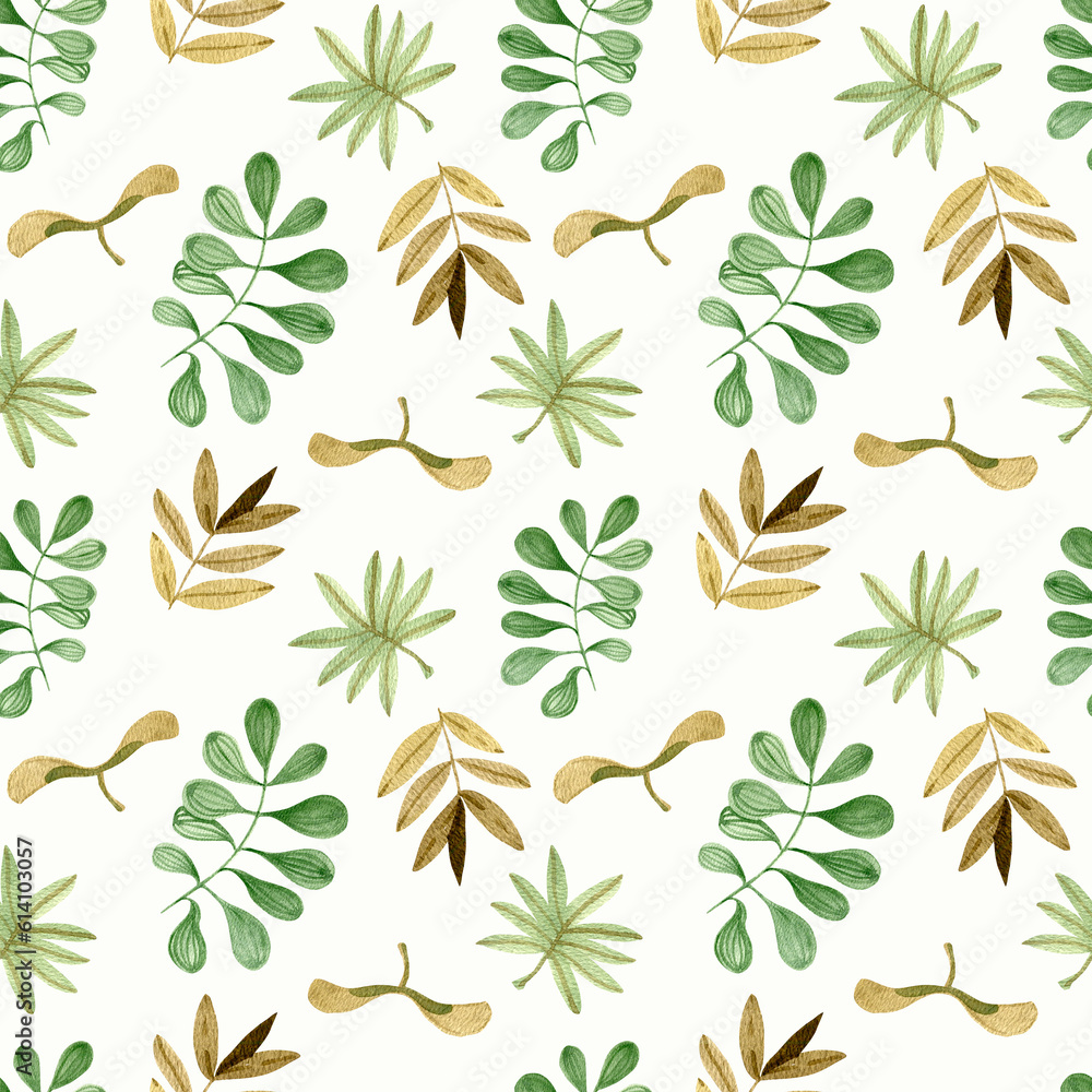 Watercolor pattern on a white background, watercolor leaves and seeds, simple design.