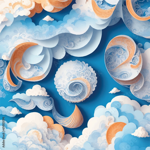 3D Paper Quelling Cloud Vector Illustration with Sculptural Paper Craft. Cloud Chimeras: Sculptural Paper Quilling. photo