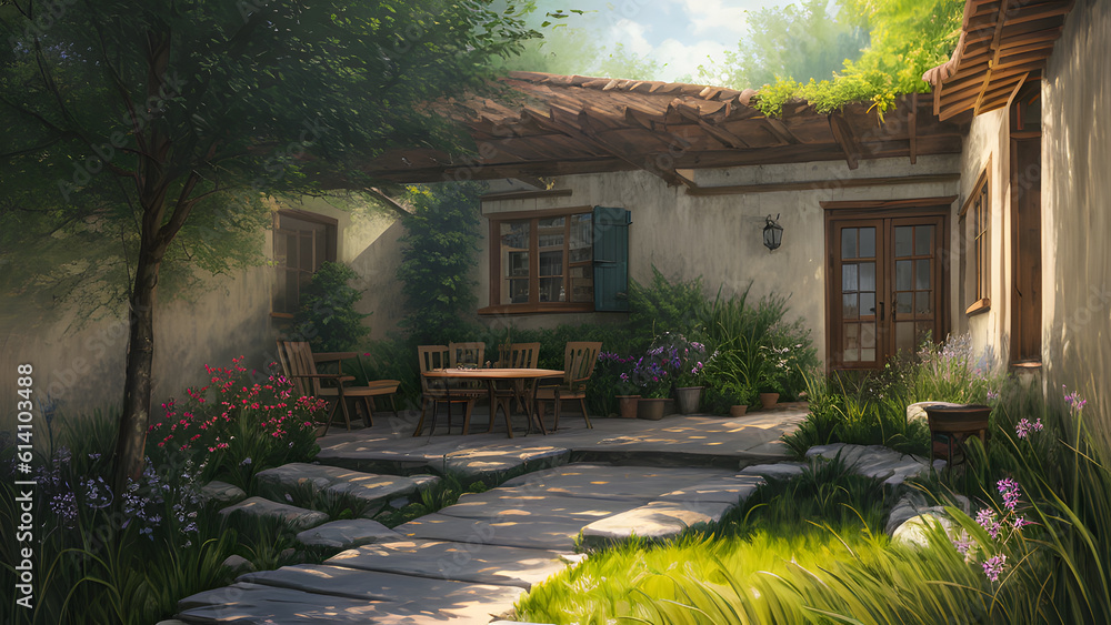 Light and shadow in a terrace environment. Digital art. Fantasy art. Digital manipulation. 3D Environment. 3D Illustration Light and shadow in a terrace environment. Digital art. Fantasy art. Digital manipulation. 3D Environment. 3D Illustration