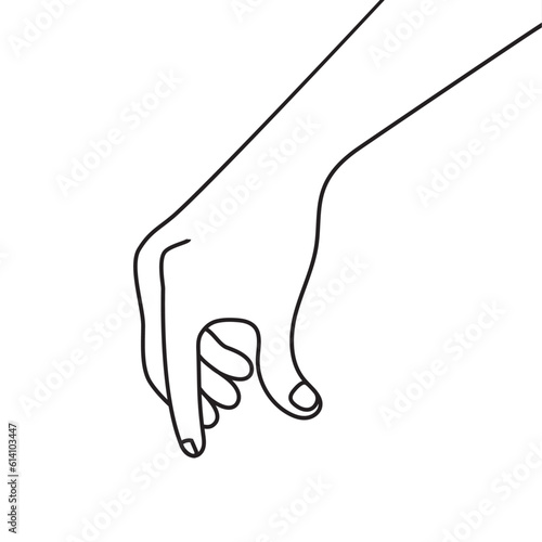 Grabbing hand. Man's hand pinching invisible item. Hand holding something with two fingers. Vector flat outline icon illustration isolated on white background.