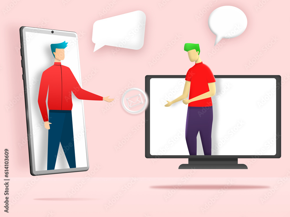 People speaking via social media and online network with speech bubble and new envelope on background. Communication conversation laptop with phone. Illustration 3D for content men contact via message