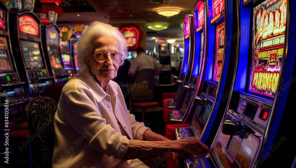 portrait of elderly woman gambler playing slot machine in casino. Slot Machines in Las Vegas. Grandma addicted to fruit machines excited