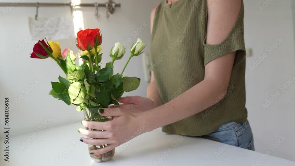 Rose cut flower care instructions. Pruning stem, arranging bouquet