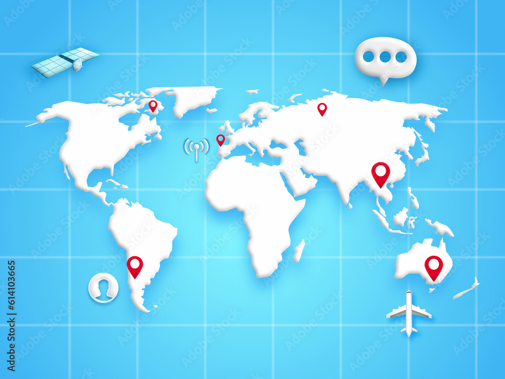 Communication map world with plane, satellite, icon people, location and speech on isolated blue sky background. meeting points of airports and global communication. Illustration 3D for online connect