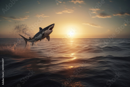 A shark jumps out of the water against a beautiful sunset  creating a stunning image that evokes a sense of danger and awe. AI Generative.