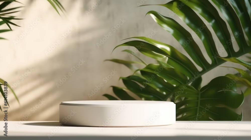 Blank minimal white counter podium, soft beautiful dappled sunlight, tropical palm foliage leaf shadow on wall. Generative AI Blank minimal white counter podium, soft beautiful dappled sunlight, tropical palm foliage leaf shadow on wall. Generative AI