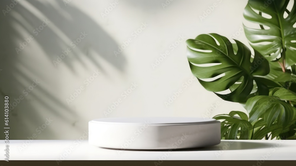 Blank minimal white counter podium, soft beautiful dappled sunlight, tropical palm foliage leaf shadow on wall. Generative AI Blank minimal white counter podium, soft beautiful dappled sunlight, tropical palm foliage leaf shadow on wall. Generative AI