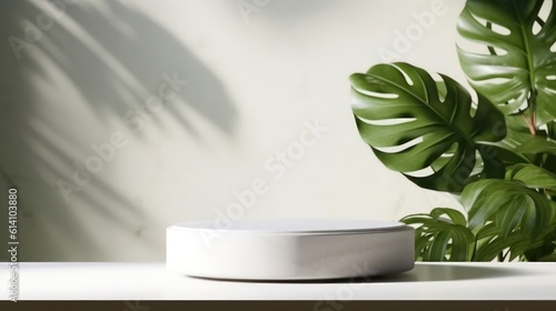Blank minimal white counter podium  soft beautiful dappled sunlight  tropical palm foliage leaf shadow on wall. Generative AI