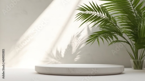 Blank minimal white counter podium, soft beautiful dappled sunlight, tropical palm foliage leaf shadow on wall. Generative AI © Viktor
