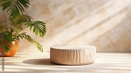 Blank minimal white counter podium, soft beautiful dappled sunlight, tropical palm foliage leaf shadow on wall. Generative AI