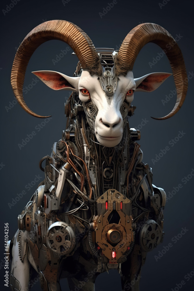 A goat made out of metal and gears. Generative AI. A goat made out of metal and gears. Generative AI.