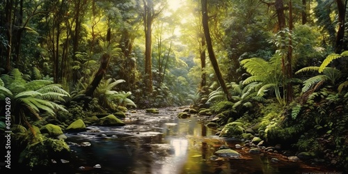 AI Generated. AI Generative. Nature outdoor wild landscape forest jungle river scene. Adventure travel explore vibe. Graphic Art