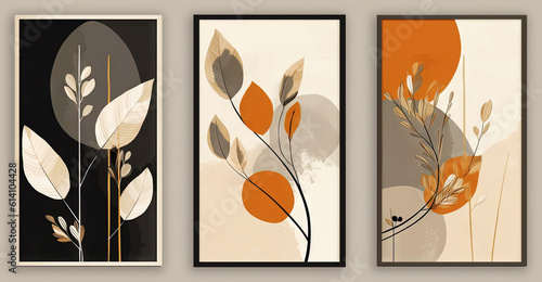 A set of canvases with an abstract foliage in pastel colors. Plant art design. Generative AI