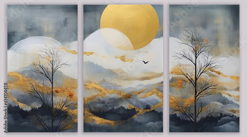 A set of colorful landscape painting in pastel colors with gold. AI Generated