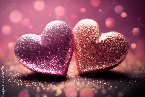 Two pink hearts on bokeh background, ai generated