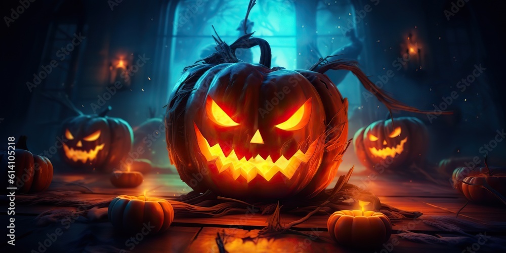 Fototapeta premium AI Generated. AI Generative. Halloween spooky boo scary horro night pumpkin with candle lantern. Decoration mist holiday. Graphic Art Шддгыекфешщт