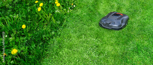 Mowing the lawn with a robotic lawn mower. Banner