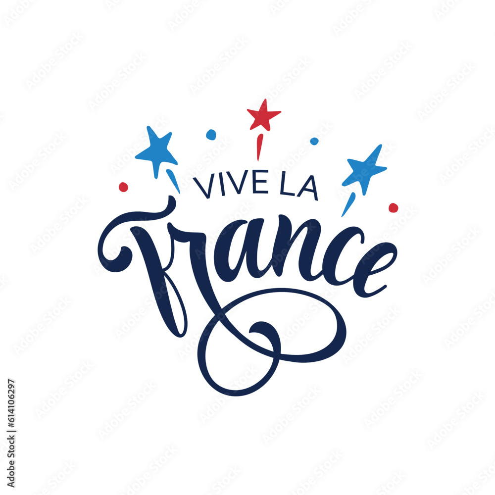 Obraz premium Vive La France handwritten text translated from french Long Live France. Hand drawn lettering for holiday greeting card, poster. Modern brush calligraphy. French National Day, July 14, Bastille Day