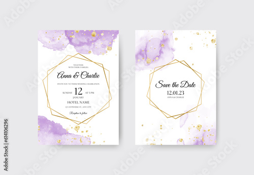 Wedding invitation template with beautiful purple watercolor and gold