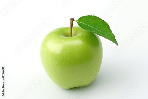 Green apple with leaf on a white background. Fresh apple fruit. Ai generative.