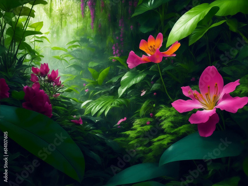 Beautiful tropical flowers in jungle, Generative AI Illustration.