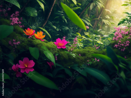 Beautiful tropical flowers in jungle, Generative AI Illustration.