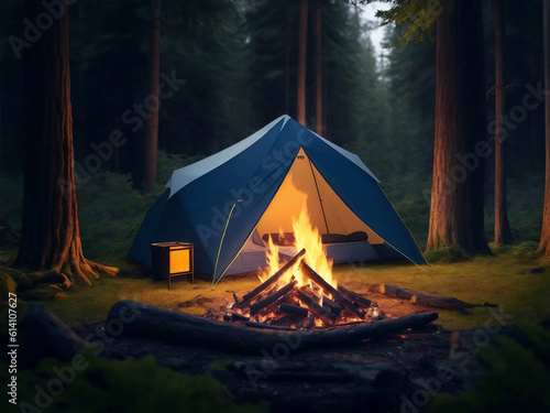 Tent in a forest with a camp fire, Generative AI Illustration.