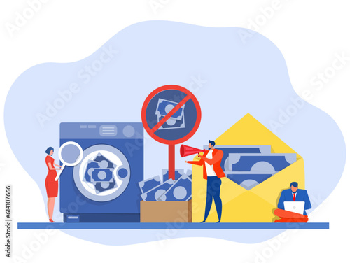 Anti Money Laundering acronym or Aml or Against Money Laundering,Aml  Washing Machine Stop Corruption and Illegal Business. Cartoon People Vector Illustration