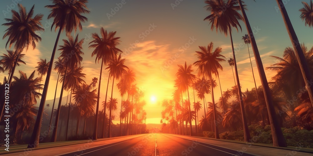 Fototapeta premium AI Generated. AI Generative. Amrican miami california road trip with palms. Adventure travel vacation vibe. Graphic Art