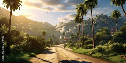 AI Generated. AI Generative. Amrican miami california road trip with palms. Adventure travel vacation vibe. Graphic Art