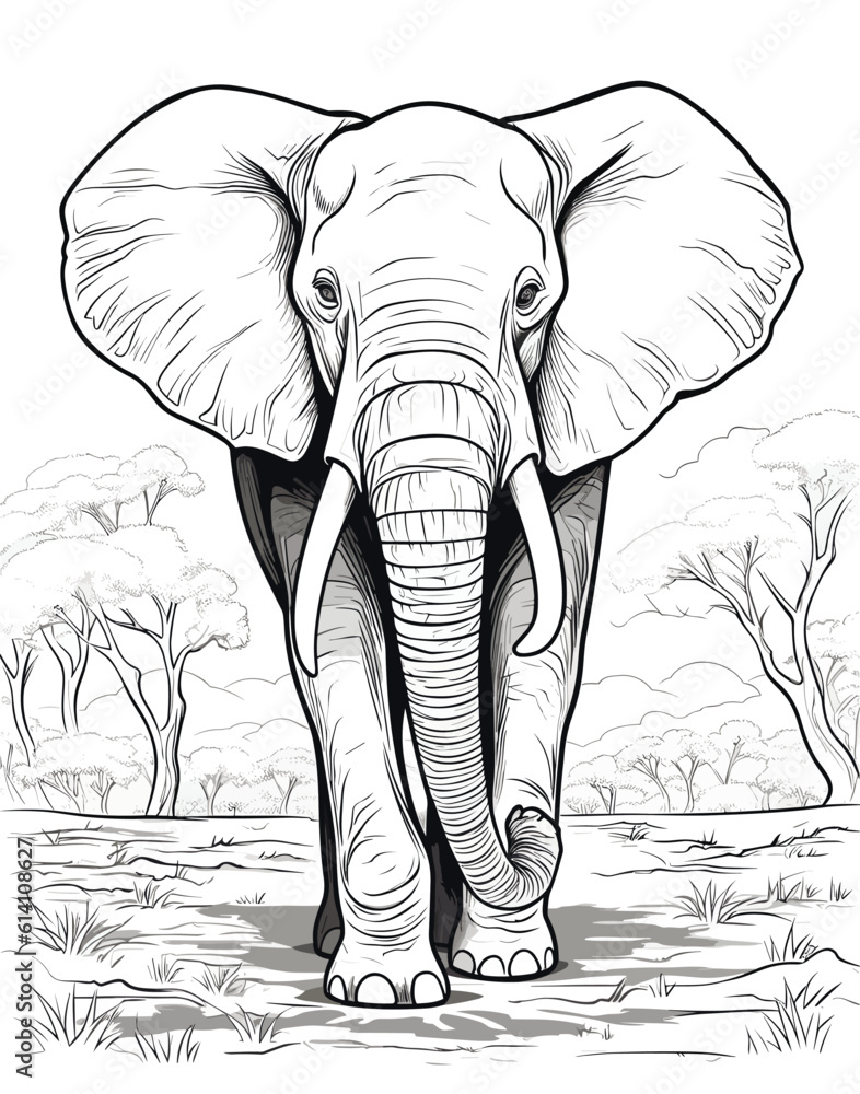 Black and white illustration of elephant cartoon page, coloring page
