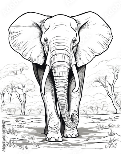 Black and white illustration of elephant cartoon page, coloring page for kids and adults Fototapet