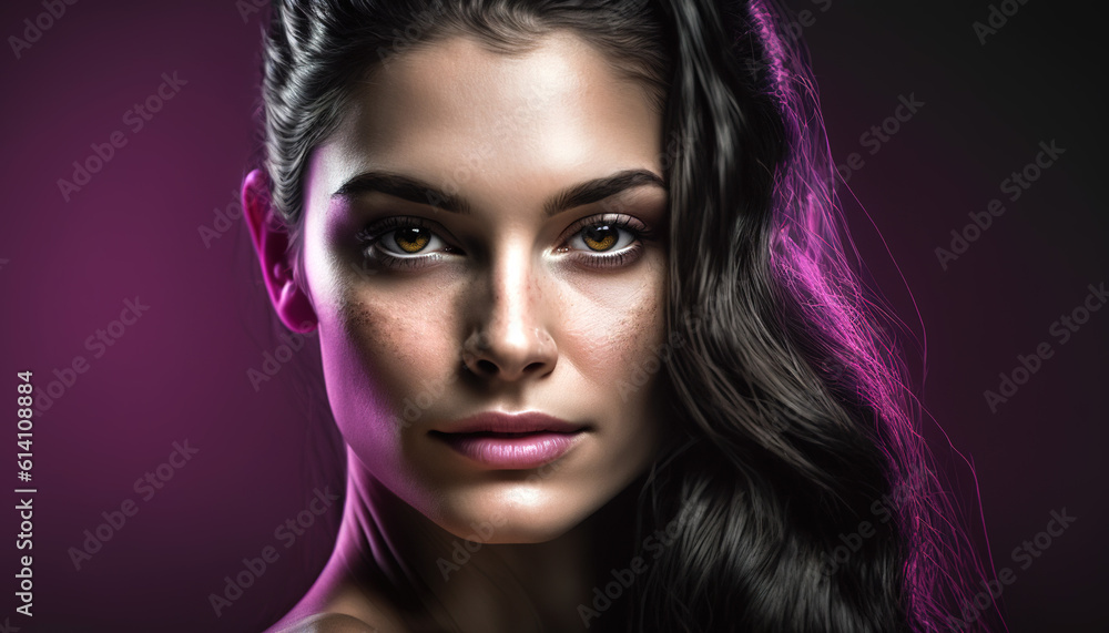 Fototapeta premium Vibrant Beauty: Close-up Shot of a Stunning Model against a Magenta and Pink Setting, generative ai technology