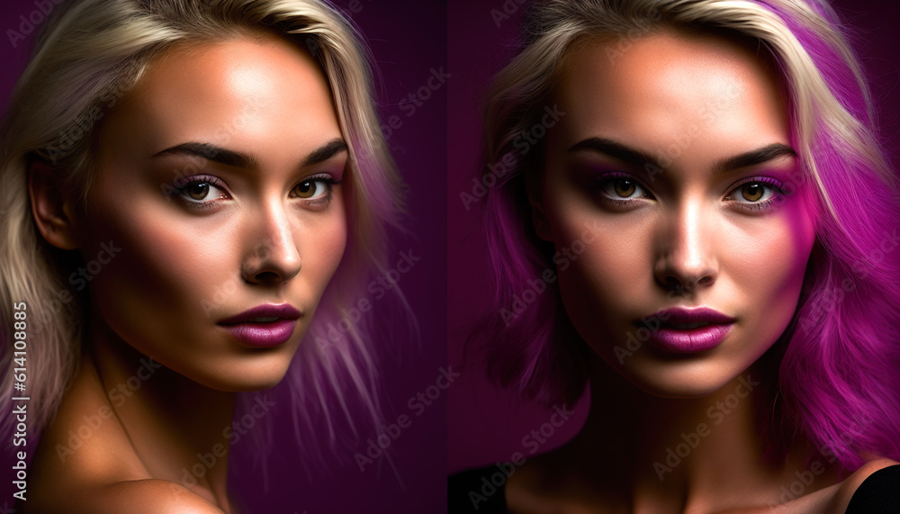 Magenta Goddess Captivating Close-up Portrait of a Gorgeous Model on a Pink Background, generative ai technology