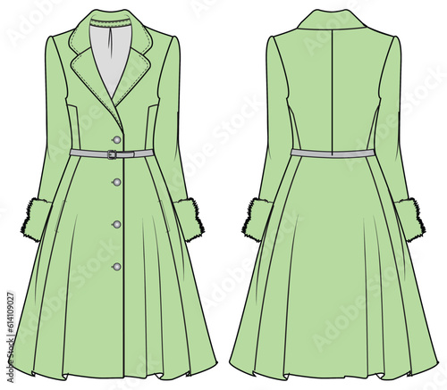 Women's  fit and flare coat dress design with lapel collar flat sketch fashion illustration with front and back view