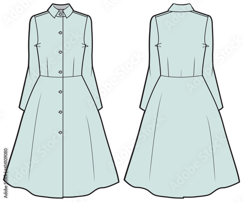 Women  A line fit flare coat dress design with collar flat sketch fashion illustration with front and back view