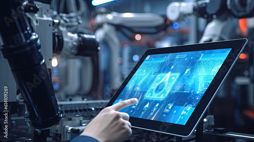 Industry 4.0 concept .Man hand holding tablet with Augmented reality screen software and blue tone of automate wireless Robot arm in smart factory background