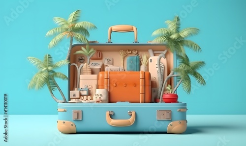 vacation travel time banner, open travel suitcase with exotic destination inside, tourist suitcase summer vacation advertisement concept on tropics lagoon bay, Ai Generative